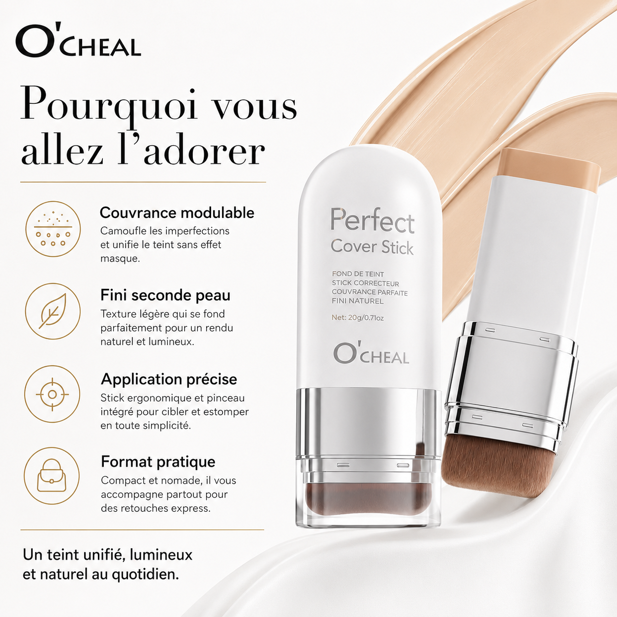 Fond de teint stick correcteur avec pinceau intégré